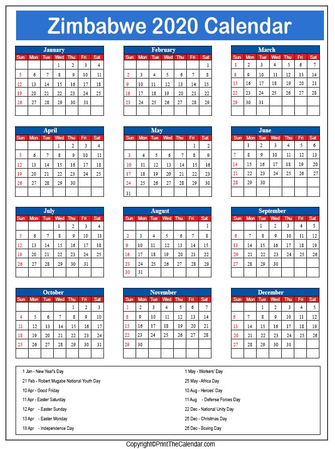Zimbabwe Printable Calendar 2020